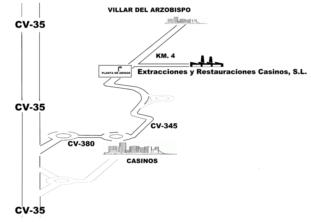 Plano de ubicación de nuestra planta de procesado, en la "Partida de Salt", en el Polígono 19 dentro del término municipal de Casinos (Valencia).